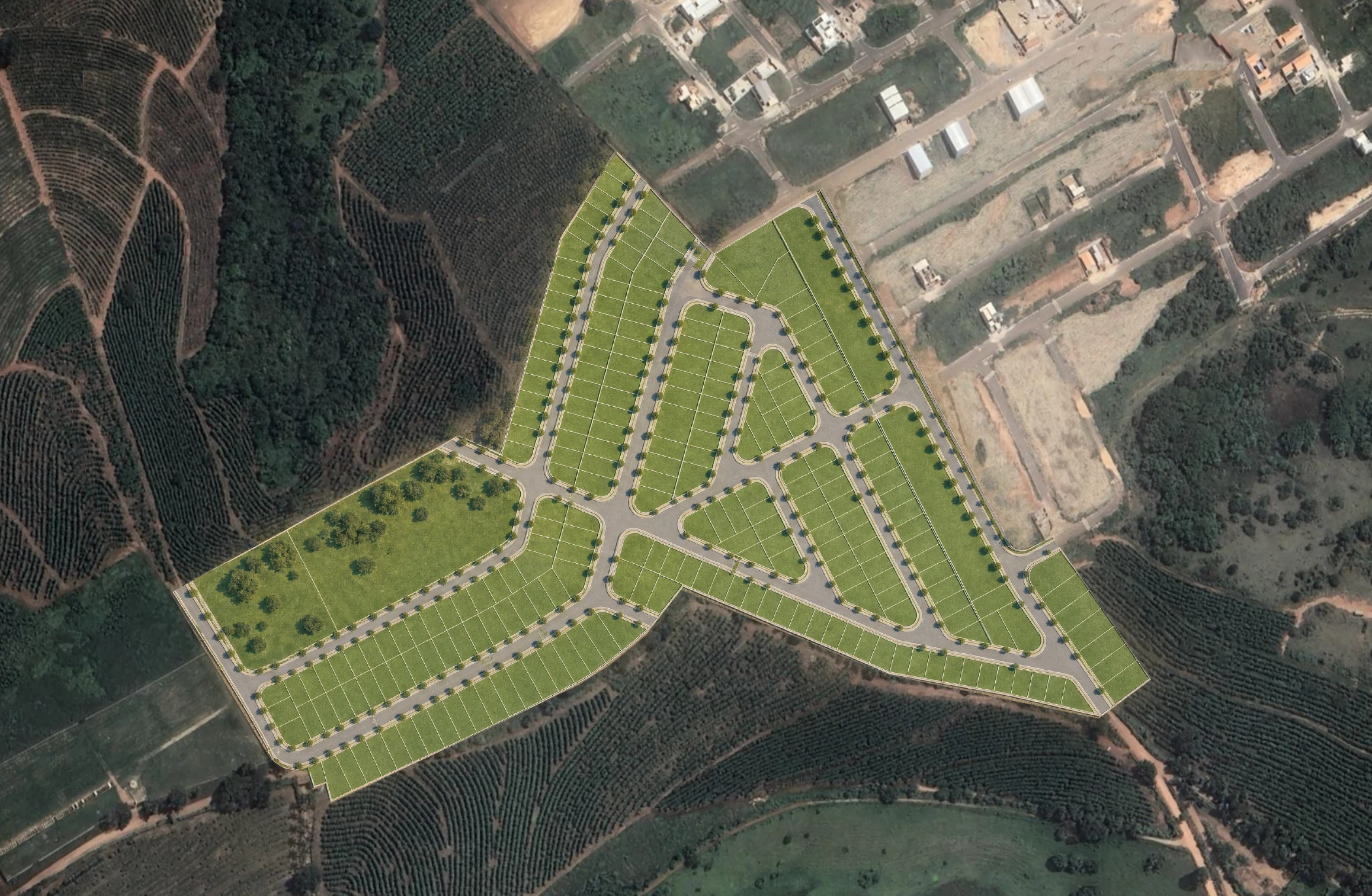 Implantação do Parque São Lucas II sobre imagem de satélite de Elói Mendes